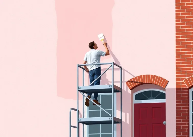 Peintre sur échafaudage traitant la façade d'une maison